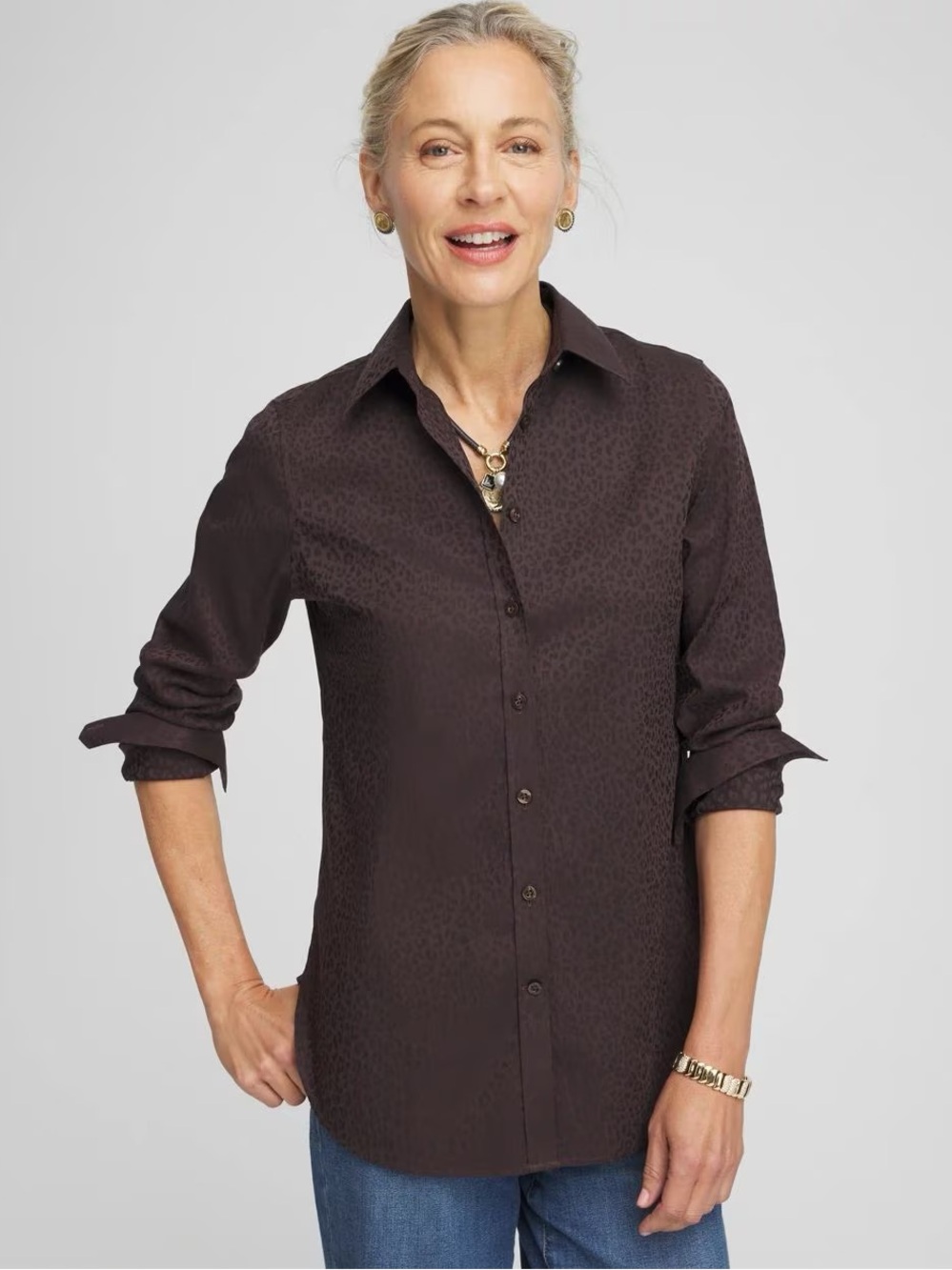 Chico's Dark Brown No Iron Stretch Jacquard Animal Print Blouse